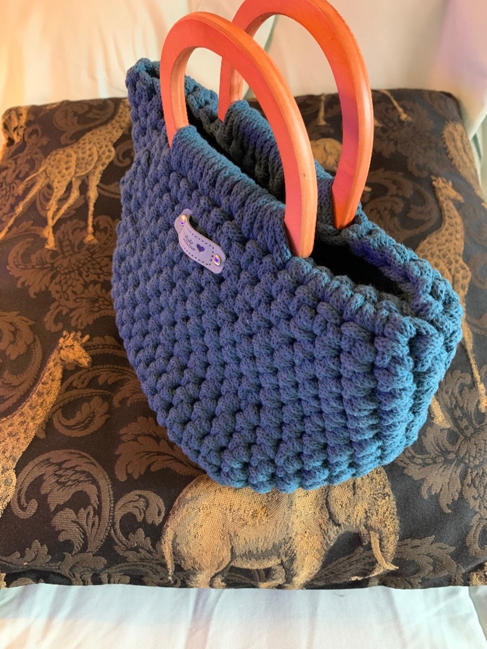 Crocheted handmade handbag with attached Wooden Handles, New